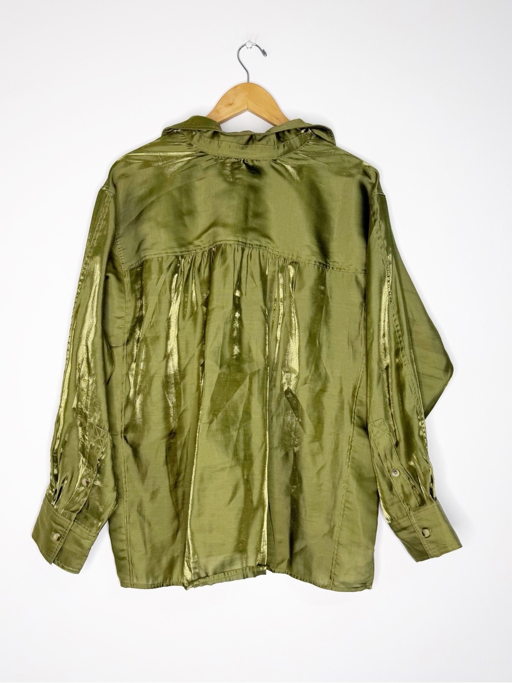 Pilcro Anthropologie Large Olive Green Satin Blouse Oversized OB1786712 - Picture 3 of 5